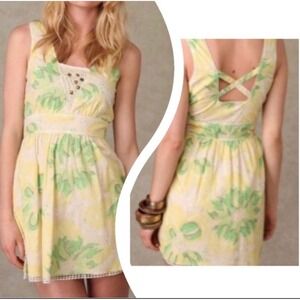 Free People Dress Size 10 Yellow Green Floral Sleeveless Mini Lace Trim‎